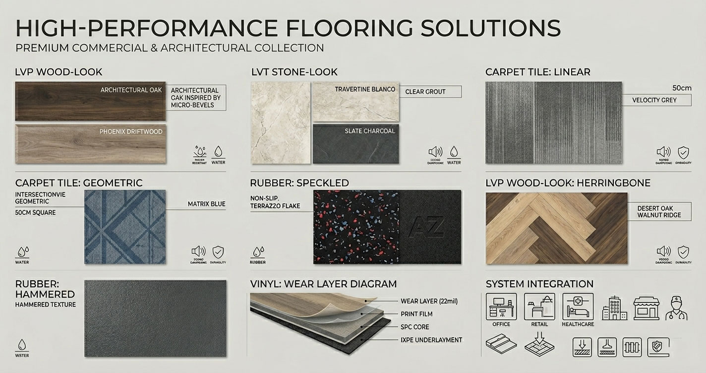 Comparison of different commercial flooring options including LVP, LVT, carpet tile, and rubber flooring for offices and retail spaces