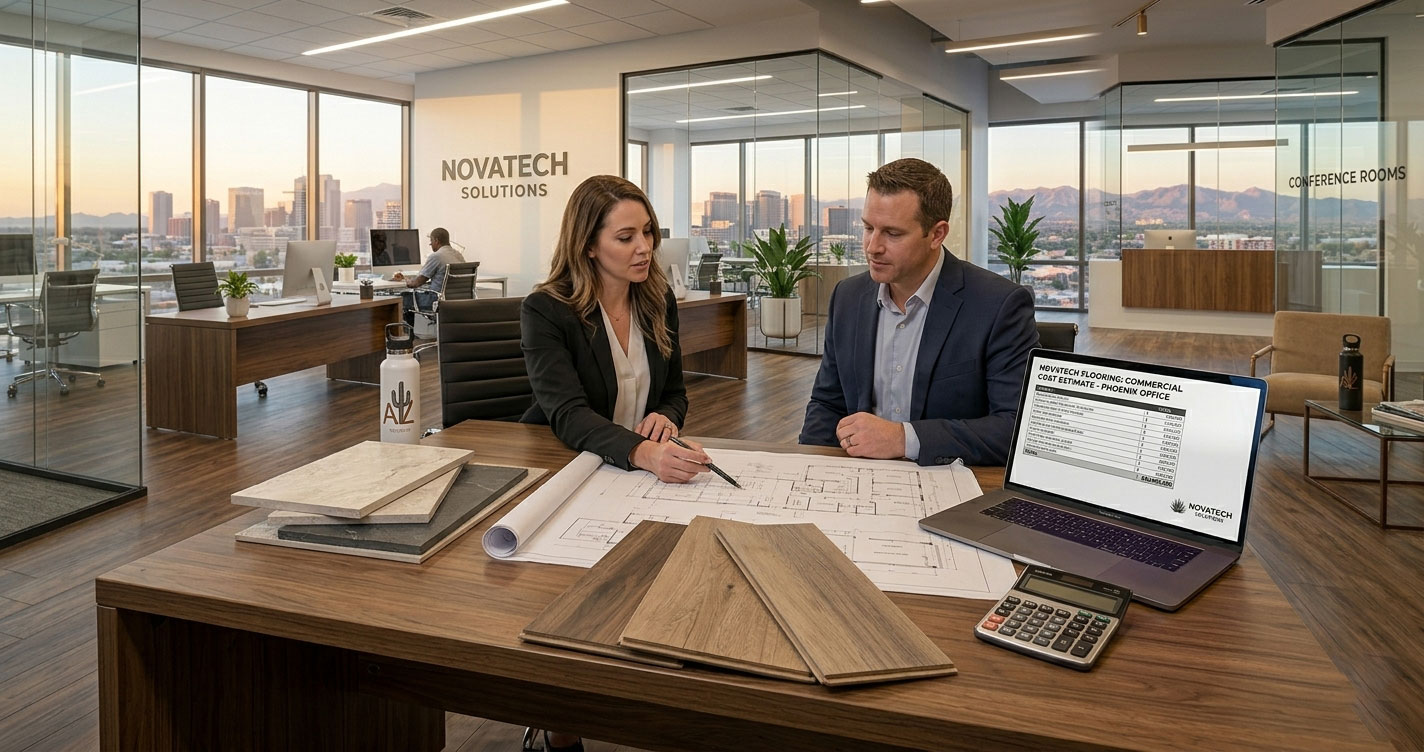 Commercial flooring contractor presenting LVT and LVP samples with cost estimation in a Phoenix office environment