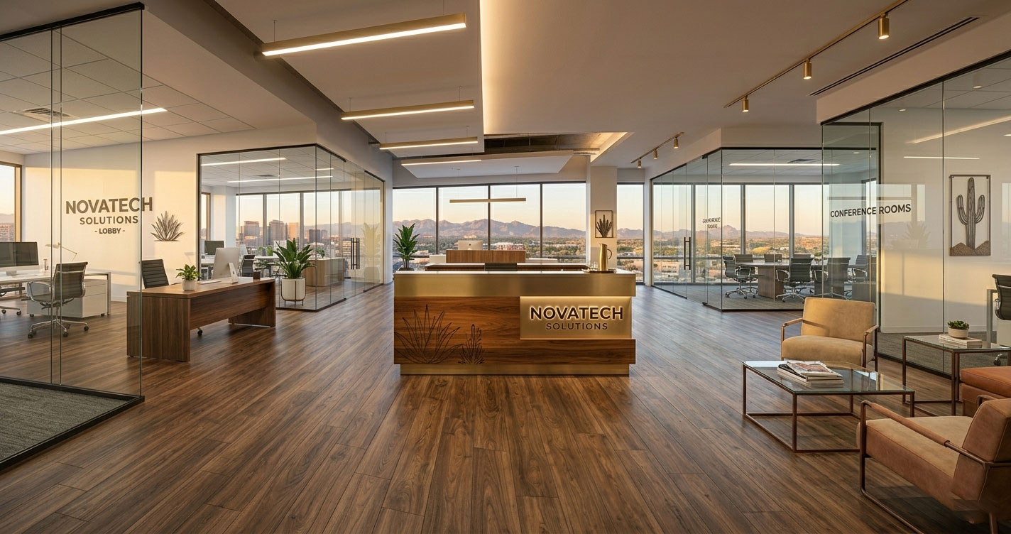Modern commercial lobby in Phoenix featuring luxury vinyl flooring installed in a high-traffic business environment