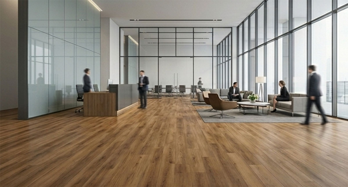 modern corporate office lobby a beautiful, natural wood-look vinyl plank flooring with a rich, warm tone and noticeable grain.