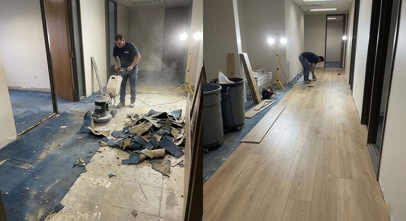 An installation crew removes old carpet to install new wood-look LVP in a commercial office.