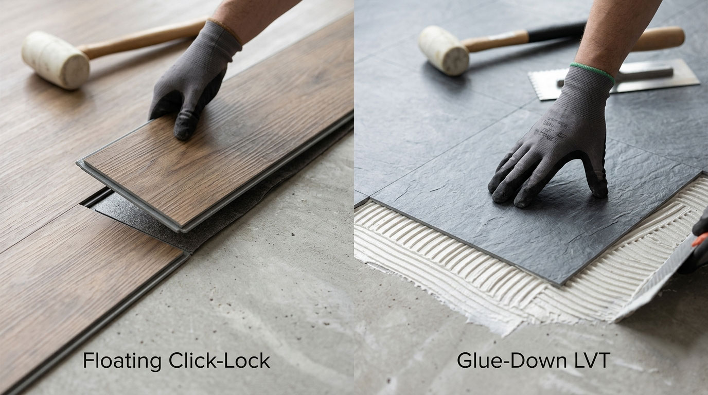 A comparative demonstration showing a 'floating' click-lock plank next to a glued-down tile.