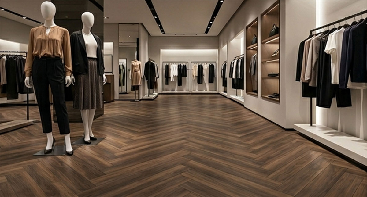 A high-end retail clothing boutique with a darker wood-look vinyl laid in a classic herringbone or chevron pattern.