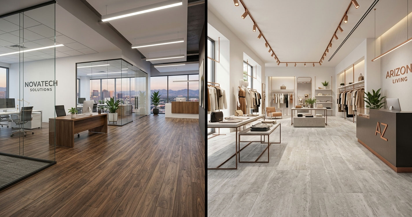 Side-by-side comparison of LVT and LVP flooring in a modern commercial office and retail environment in Phoenix