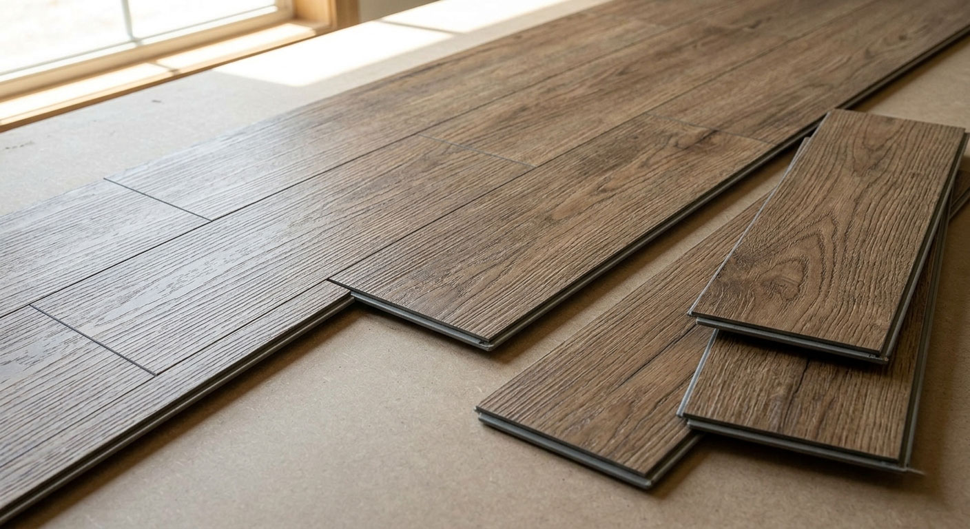 A close-up view of interlocking wood-grain LVP planks.
