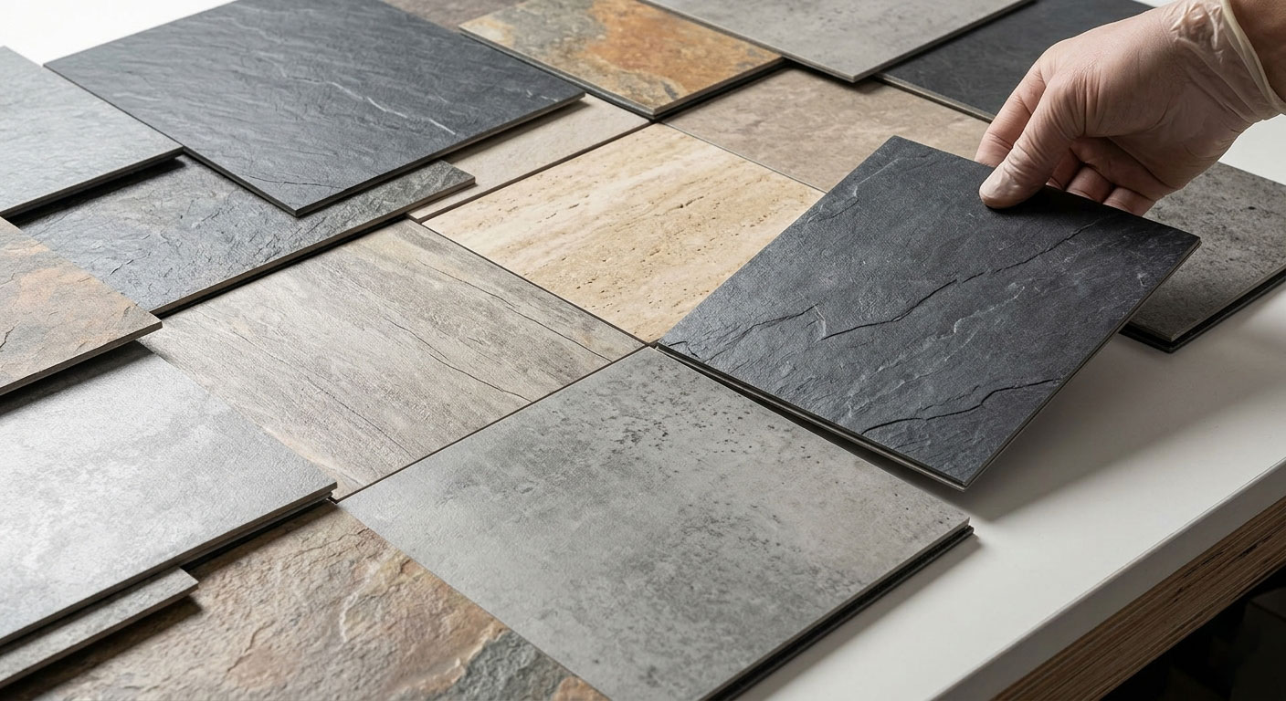 A display of individual slate and stone-patterned LVT tiles.