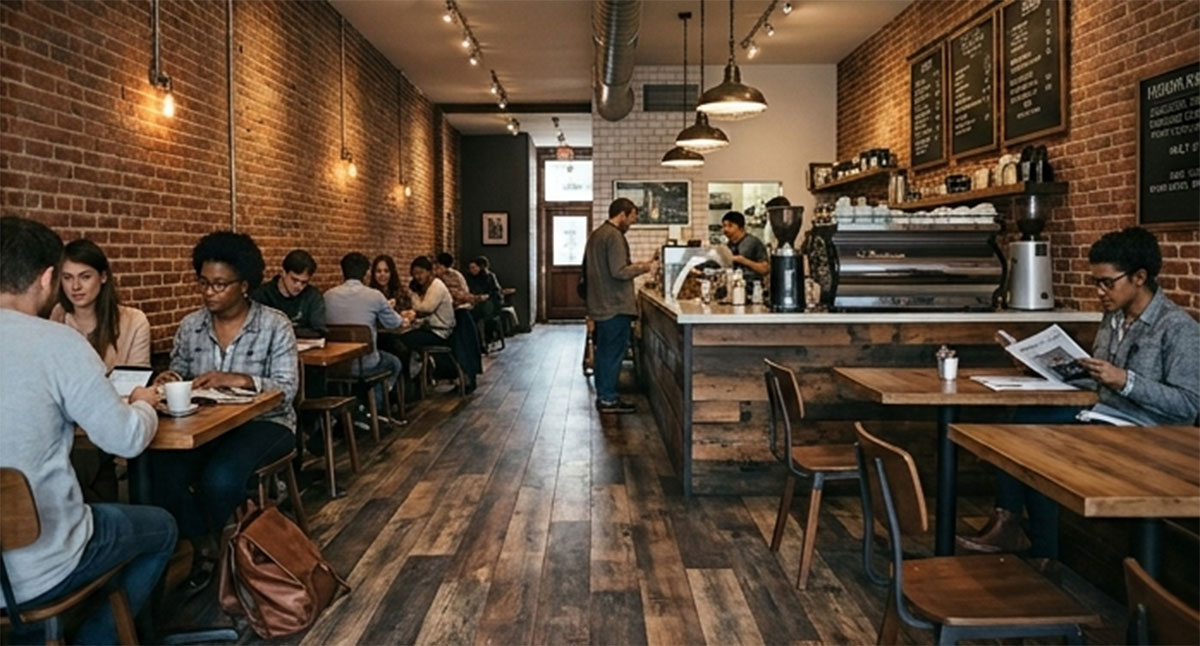 a cozy, rustic coffee shop with the wood-look flooring is a much darker, richer, and more varied plank, almost like reclaimed barn wood.