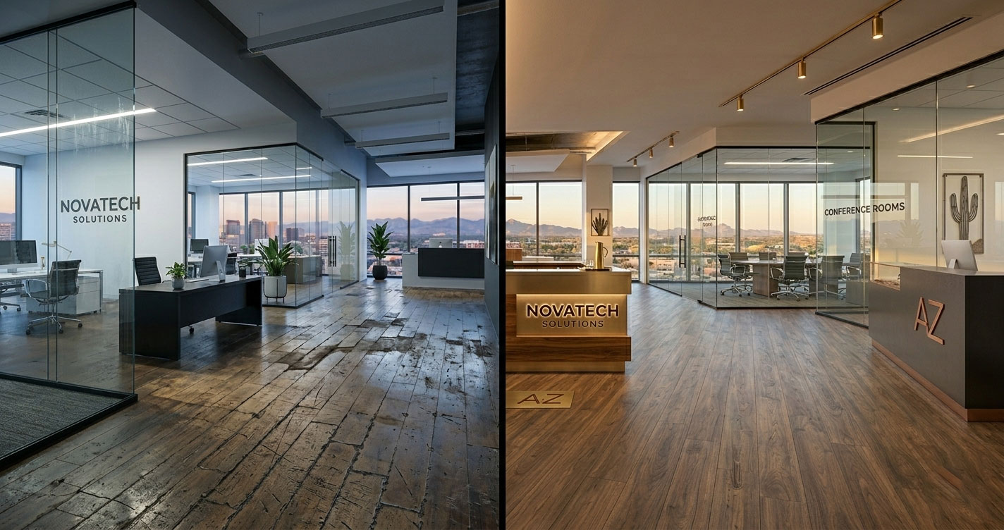 Split image showing damaged commercial flooring versus newly installed luxury vinyl flooring replacement in a business space