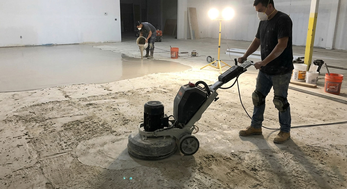 An installer uses a large grinder and self-leveling compound on a rough concrete subfloor.