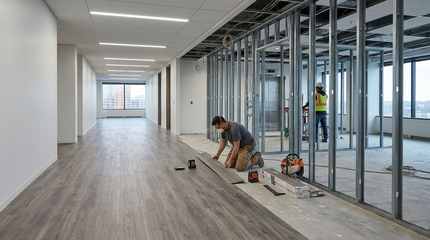 A wide-angle photograph capturing an office space during construction for a tenant build-out project.
