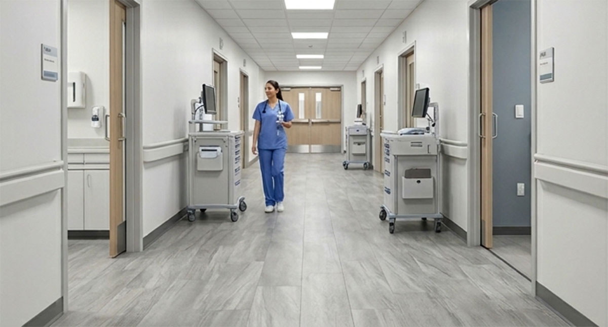 A clean hospital hallway utilizing a high-performance, stone-look gray LVT to meet demanding durability and sanitation needs.