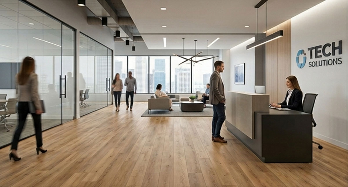 A modern reception area with wide-plank, light oak luxury vinyl flooring, featuring a large desk and glass partitions.